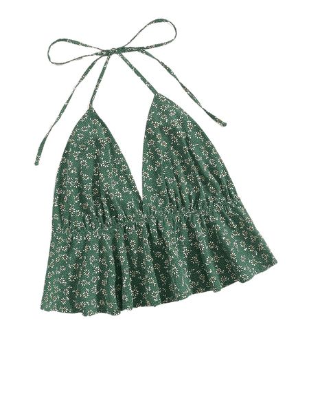 plus ditsy floral ruffle hem crop halter 05vw#, Black